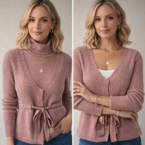 Elle Waffle-Knit Tie-Waist V-Neck Sweater Cardigan & Turtleneck